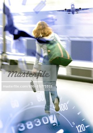 Woman walking, rear view, on speedometer with airplane in distance, montage