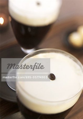 Two glasses of Irish coffee, elevated view, close-up