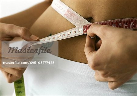 Woman measuring waist, close-up