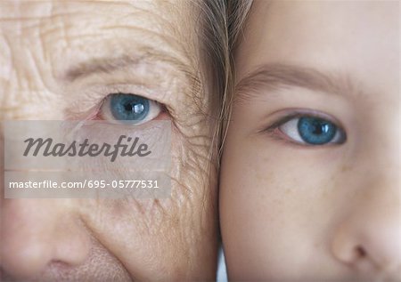 Grandmother and granddaughter cheek to cheek, extreme close-up