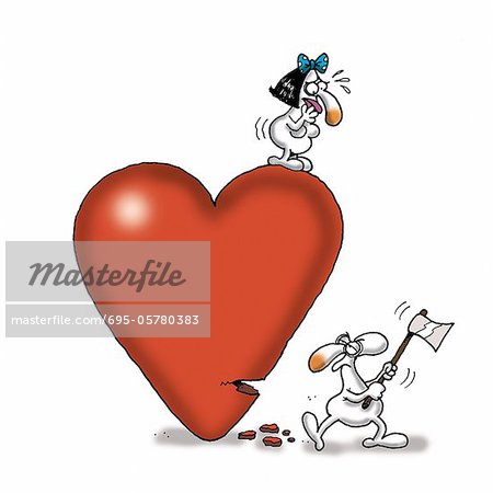 Woman standing on heart as man hacks at heart