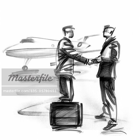 Businessmen shaking hands near jet