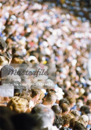 Crowd in stadium, high angle view, blurred