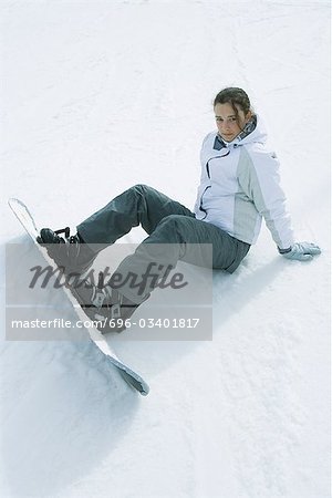 Young snowboarder sitting on the ground, looking at camera