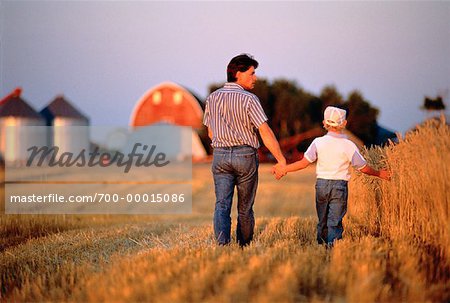 Back View of Father and Son Walking Through Farm Field