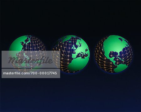 Three Globes Displaying Continents of the World with Grid