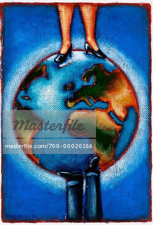 Illustration of Businessman and Businesswoman Standing on Globe