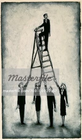 Illustration of Business People Holding Ladder with Businessman On Top