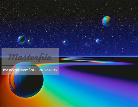 Spheres in Abstract Landscape With Starry Sky