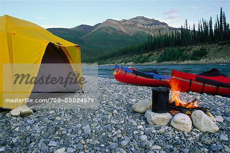 Campsite and Canoes, MacKenzie Mountains and Keele River Northwest Territories, Canada