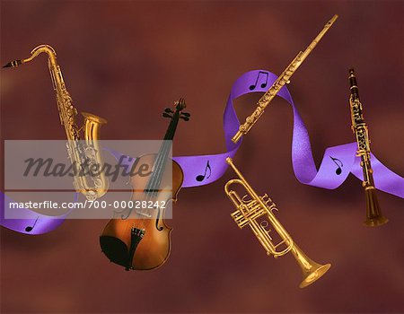 Musical Instruments and Music Notes on Ribbon