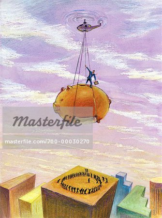 Illustration of Helicopter Holding Piggy Bank over Office Tower