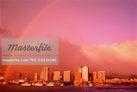 Rainbow over City Skyline Honolulu, Hawaii, USA