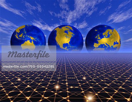 Three Globes Displaying Continents of the World on Abstract Grid