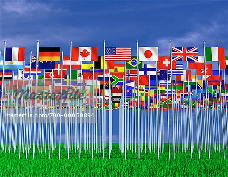 Slovakian, German, Spanish, English, and Dutch flags against blue