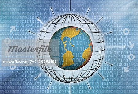 Globe inside Wire Frame with Binary Code