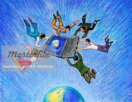 Illustration of Business People Grasping Laptop Computer while Falling to Earth