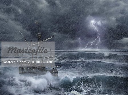 Ship in Stormy Sea with Lightning