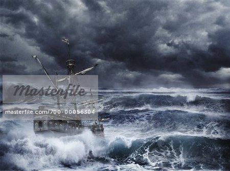 Ship in Stormy Sea with Clouds