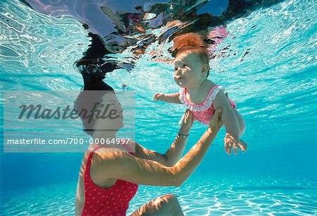 Mother Teaching Baby to Swim Underwater