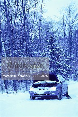 Stalled Car at Roadside in Winter, Ontario, Canada