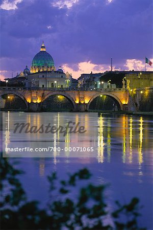 St. Peter's Basilica and Tevere River at Dusk Vatican City, Rome, Italy