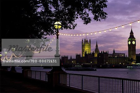 Trees and Walkway near Thames River and Houses of Parliament At Dusk London, England