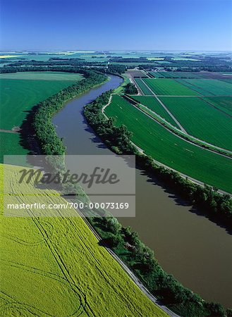 Aerial View of Field Crops and Assiniboine River, Portage la Prairie, Manitoba, Canada