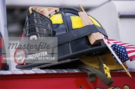 Close-Up of Firefighter's Helmet With American Flag on Fire Truck