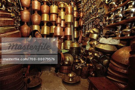 Newar Vendor in Copper and Brassware Shop Khel Tole, Kathmandu, Nepal