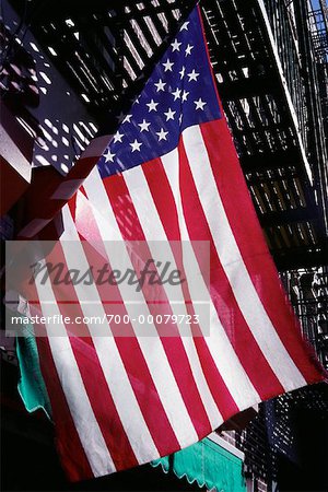 American Flag on Building in Chinatown New York, New York, USA