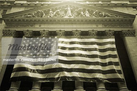 American Flag on New York Stock Exchange at Dusk New York, New York, USA