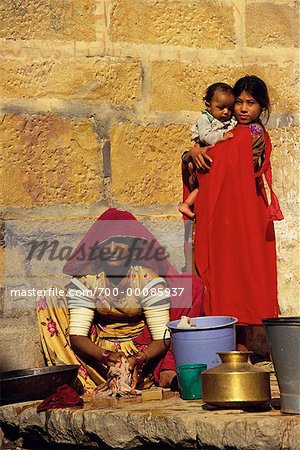 Two Women with Child Outdoors Jaisalmer, Rajasthan, India