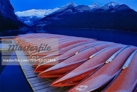 Frost on Canoes at Dawn Lake Louise, Banff National Park Alberta, Canada