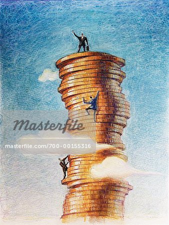 Businessmen Climbing Stack of Coins