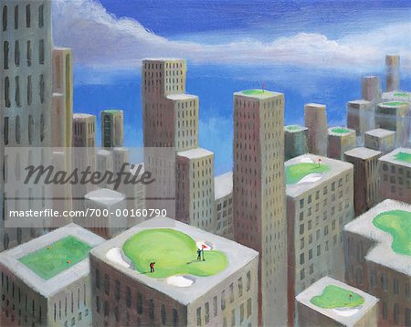 Illustration of Golf Course on Building Rooftops