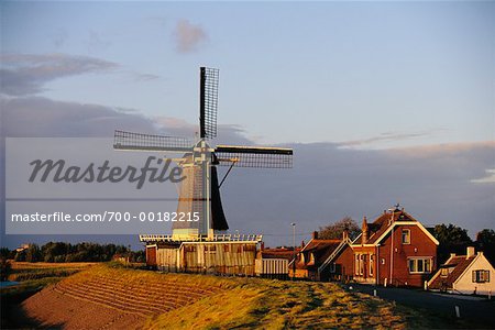 Windmill and Small Town Netherlands