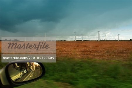 View of Wind Turbines from Car Window