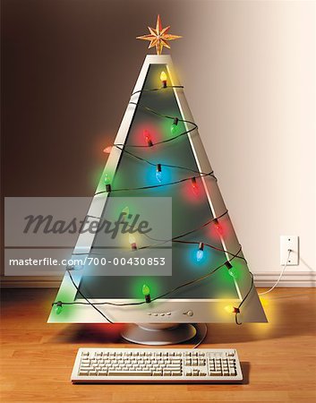 Christmas Tree Shaped Computer With String of Lights