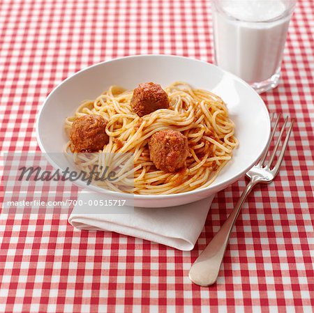 Spaghetti and Meatballs with Glass of Milk
