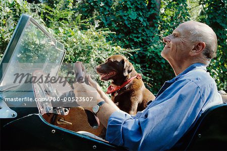 Man and Dog in Antique Car