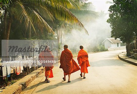 Buddhist Monks Walking Down Street, Luang Prabang, Laos