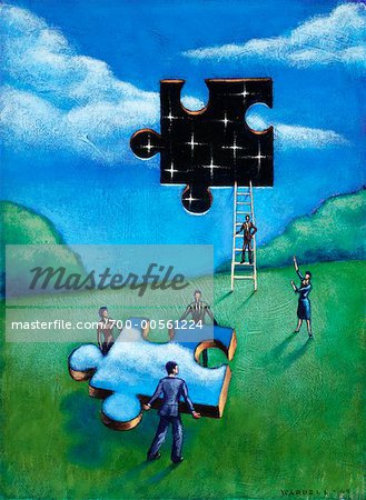 Illustration of People Putting Jigsaw Puzzle Piece in Sky