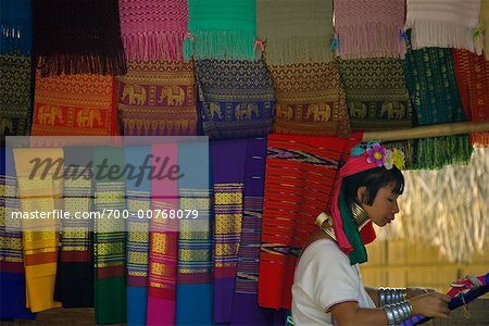 Padaung Woman Weaving On Handheld Loom, Thailand