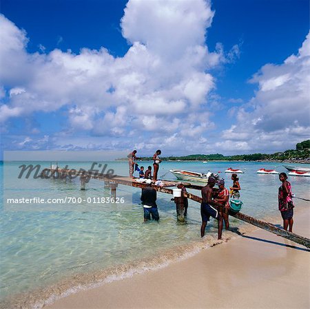 People Cleaning Fish on Beach, Guadeloupe, Antilles