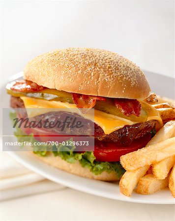 Hamburger and Fries on Plate