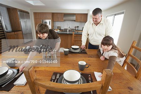 Father and Children Setting Table