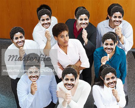 Businesswoman Surrounded by People with Identical Masks