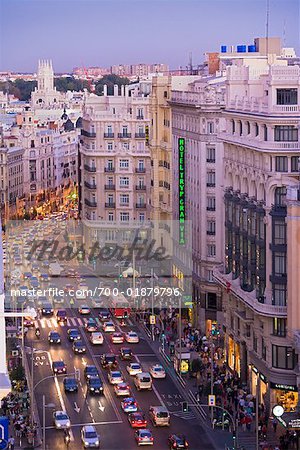 Overview of The Gran Via, Madrid, Spain