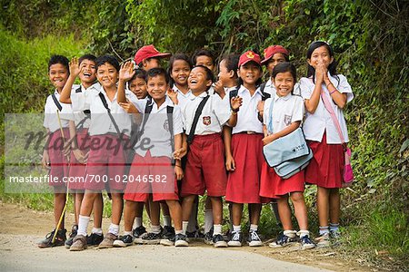 School Children on Side of Road, Tamiang Village, Sumatra, Indonesia